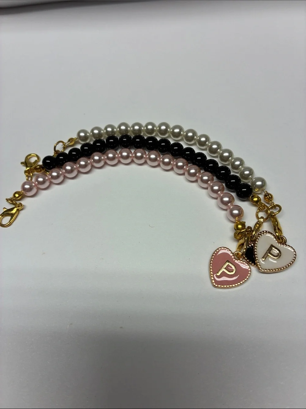 Girls Pearl Bracelet Set Pink Black White Heart Charm Initial P Gift
